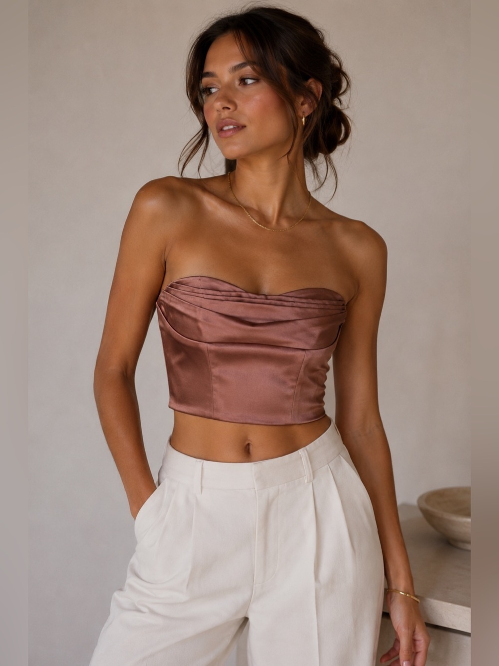 Zara Bronze Satin Strapless Crop Top Size XS Y2K Coquette Minimalist Clubwear